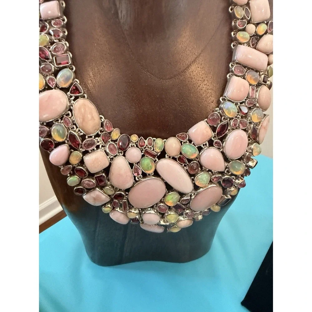 Ethiopian Opal, Pink Opal , Tourmaline,  MultiGemstone Necklace Sterling Silver